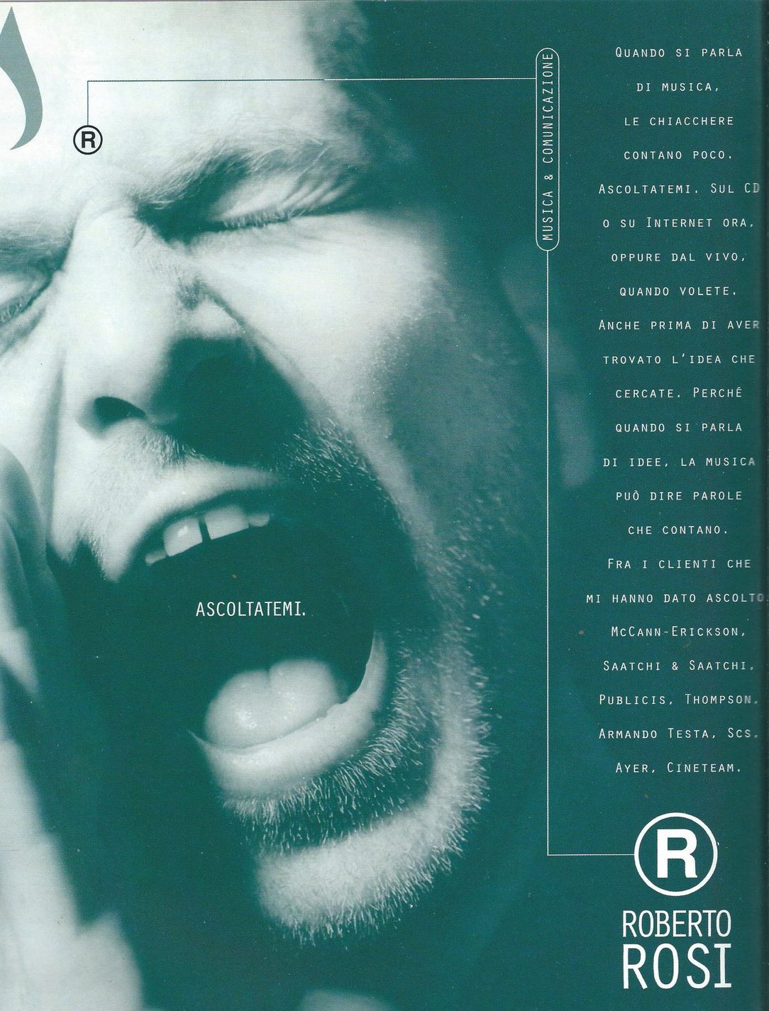 Pagina pubblicitaria «Ascoltatemi» di Roberto Rosi, Musica & Comunicazione