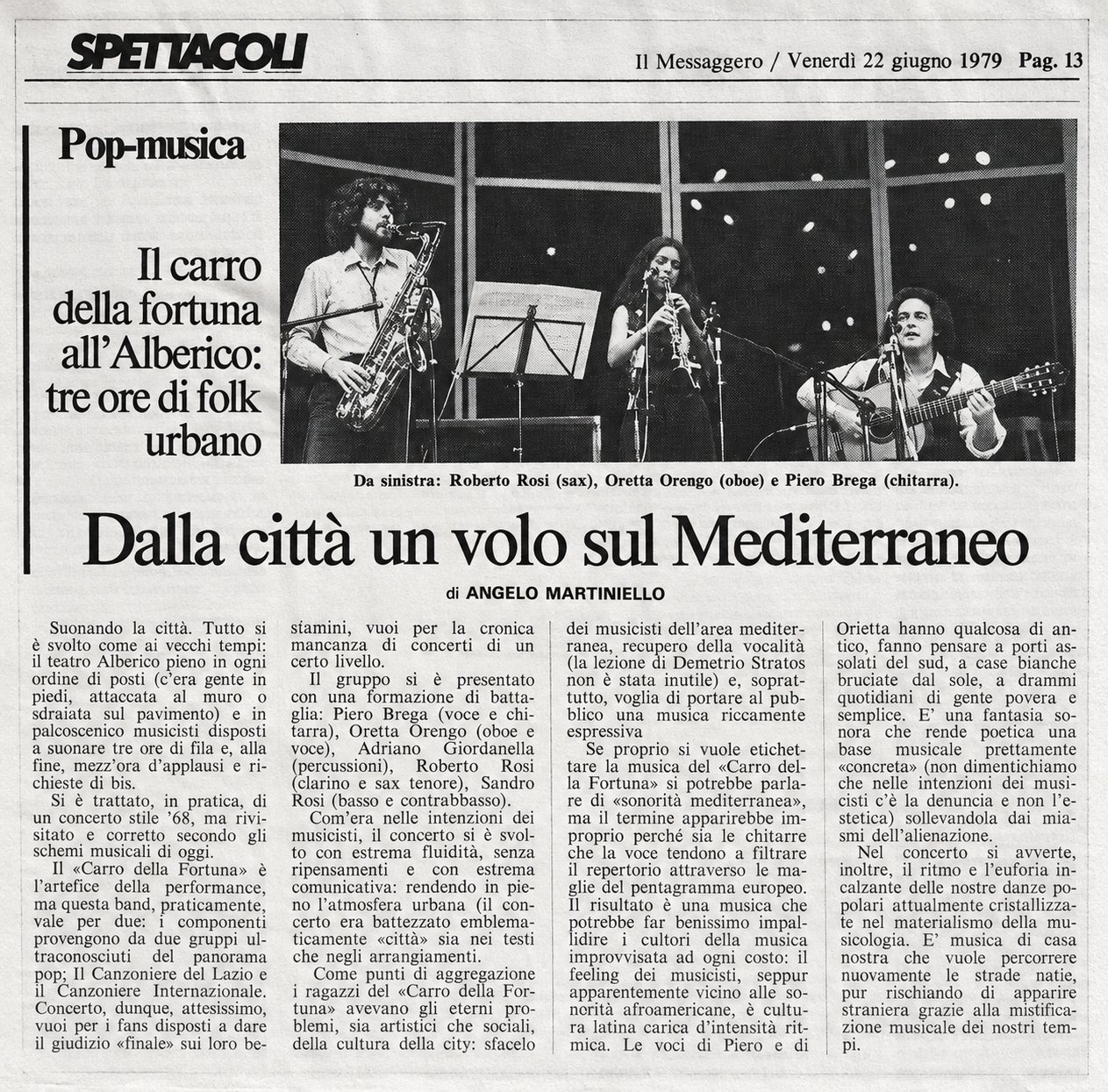 Il Messaggero, 22 giugno 1979: articolo sul Carro della Fortuna all'Alberico, con Roberto Rosi al sax