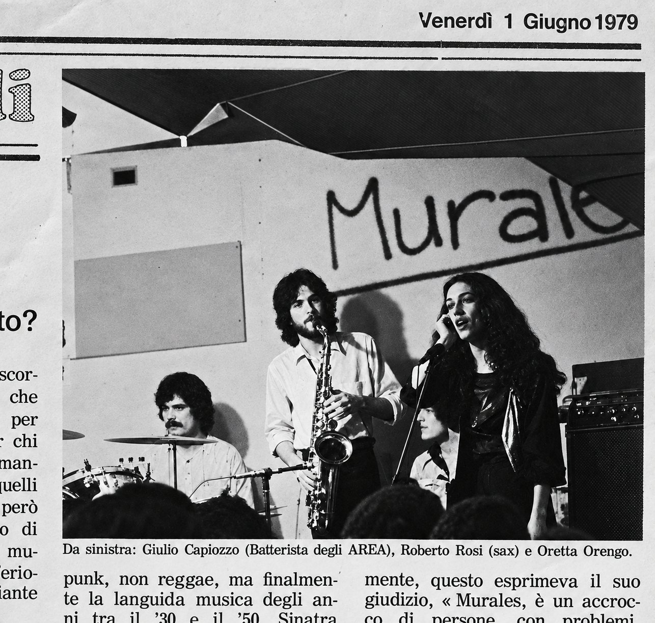 Ritaglio di giornale del 1 giugno 1979: Giulio Capiozzo, batterista degli Area, Roberto Rosi al sax e Oretta Orengo