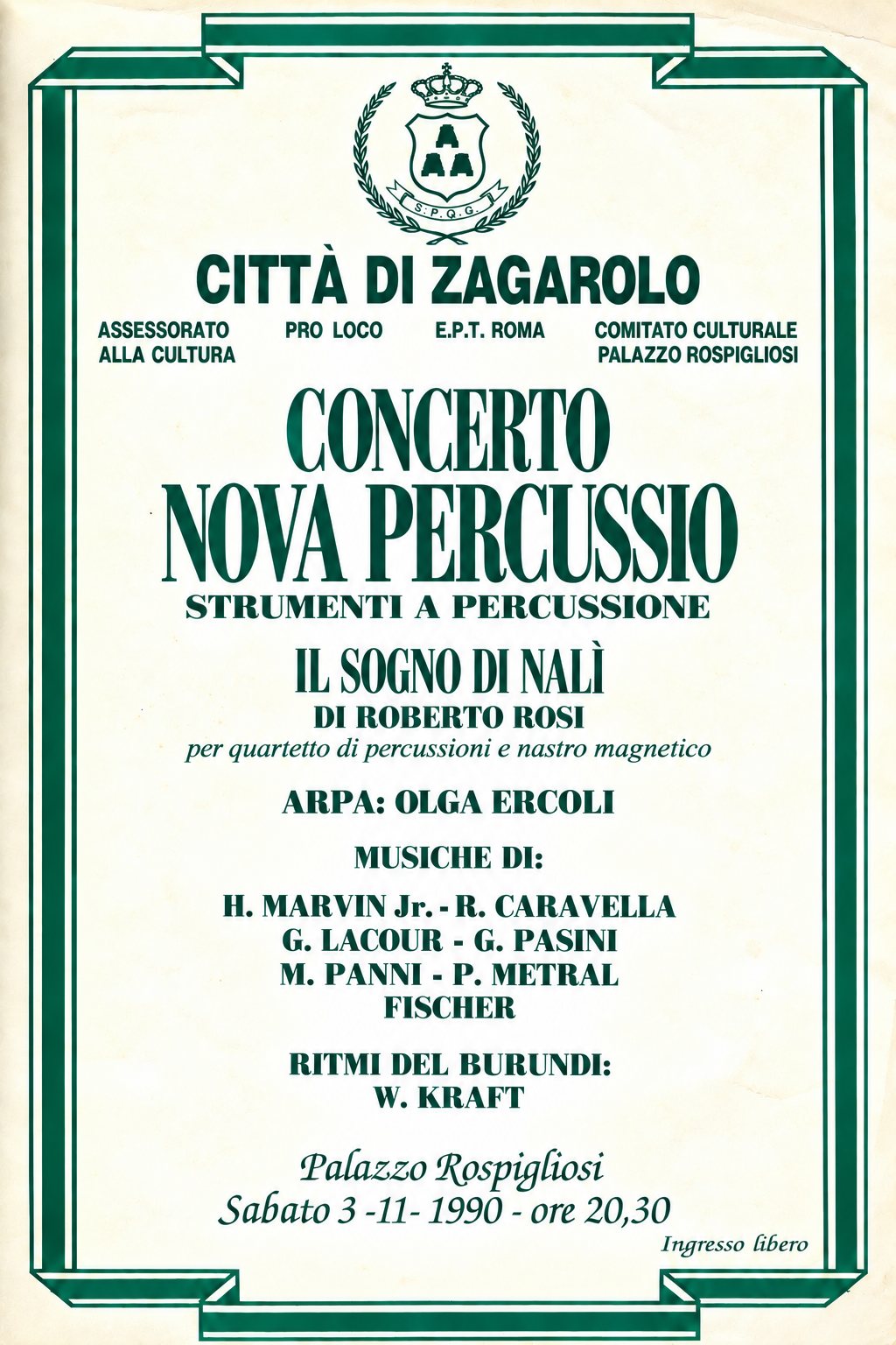 Locandina del concerto di Nova Percussio a Palazzo Rospigliosi, Zagarolo, 3 novembre 1990, con Il sogno di Nalì di Roberto Rosi